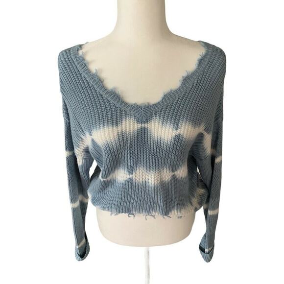 Jessica Simpson Frayed Cropped V Neck Sweater Knit Size Small Blue White Boho - Picture 2 of 9